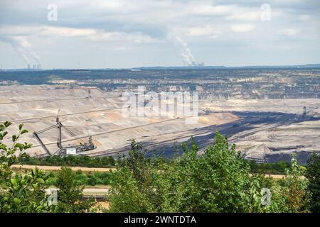 Surface brown coal (lignite) mine of Tagebau Hambach, Germany. Power stations of Frimmersdorf and Neurath in the background Stock Photo