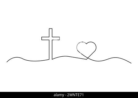 One Continuous line drawing cross of christ and heart. Vector illustration. EPS 10. stock image. Stock Vector