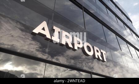 Airport terminal building. Airport sign on a modern glass skyscraper. Concept of travel. 3d illustration Stock Photo