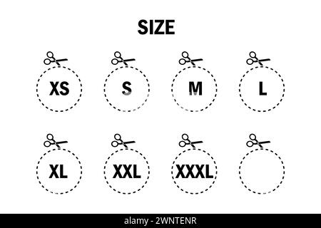 Clothing sizes labels. Clothing sizes icons. Symbols XS, S, M, L, XL, XXL. Vector illustration. Eps 10. Stock image. Stock Vector