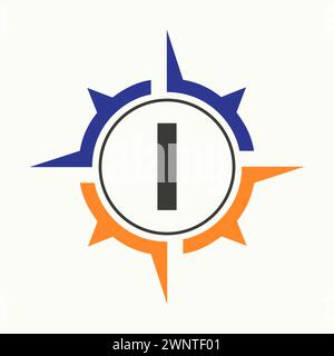 Compass Logo On Letter I Alphabet. Navigator Symbol Stock Vector