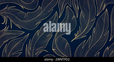Vector gold feathers on black pattern, abstract luxury line design wallpaper. Art deco wedding texture, wing angel decoration Stock Vector