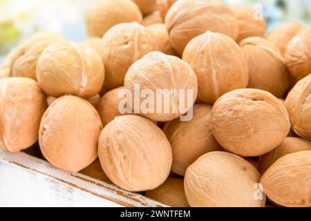 Passover celebration concept. Walnuts in box symbol Passover holiday, matzah, red kosher wine on wooden vintage table table in front of spring blossom Stock Photo