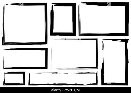 Dirty frames for design in grunge style. Set of distress textures of a square or rectangular shape. Ink brush strokes. Vector illustration. EPS 10. St Stock Vector