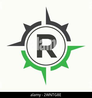 Compass Logo On Letter R Alphabet. Navigator Symbol Stock Vector