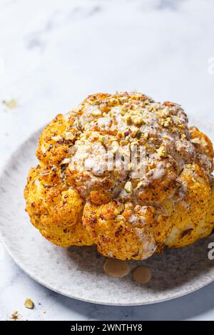 Spicy baked cauliflower with tahini dressing and pistachios, top view ...
