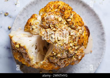 Spicy baked cauliflower with tahini dressing and pistachios. Vegan ...