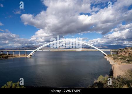 Theodore Roosevelt Lake Suspension Bridge, in late-February. Stock Photo