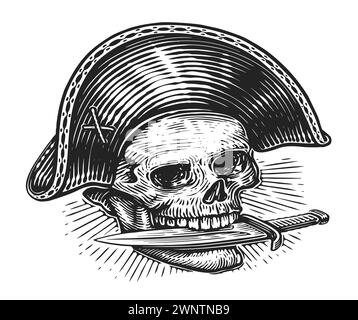 Pirate with dagger in teeth. Skull skeleton Jolly Roger. Hand drawn sketch vintage vector illustration Stock Vector