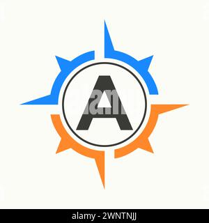 Compass Logo On Letter A Alphabet. Navigator Symbol Stock Vector