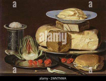 Still life with cheese, artichoke and cherries  1625  Clara Peeters (NL) Stock Photo