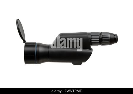 Modern spyglass. Long-range observation device. Monocular isolate on a white background. Stock Photo