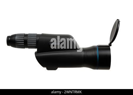 Modern spyglass. Long-range observation device. Monocular isolate on a white background. Stock Photo