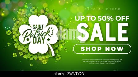 Saint Patrick's Day Sale Banner Illustration with Clover Leaves on Shiny Green Background. Irish Traditional St. Patricks Day Lucky Celebration Vector Stock Vector