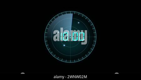 Image of blue digital clock timer changing on circle over black background Stock Photo