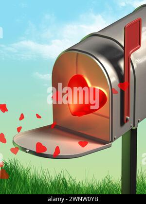 Opened mailbox contains a glowing heart. Digital illustration. Stock Photo