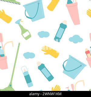 Cleaning seamless pattern. Equipment elements for wash house endless background on white background. Housework service covert. Bucket, gloves and mop Stock Vector