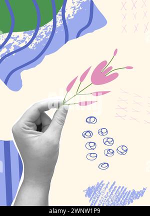 Abstract collage background. Banner template with hand and flower. Summer covers with decoration. Vector modern flat mixed media illustration. Stock Vector