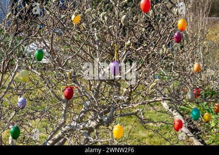 Tree in the garden with colorful Easter eggs Stock Photo