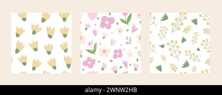Flowers seamless patterns set. Three floral spring endless backgrounds. Summer covers. Vector flat illustration. Stock Vector