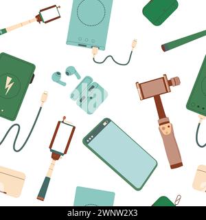Gadgets seamless pattern. Mobile phone and power bank, gimbal earphones endless background. Digital devices cover. Vector flat illustration. Stock Vector