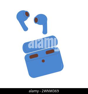 Earphone isolated on white background. Vector flat illustration. Wireless audio equipment for music listening. Earbuds devices accessory in case Stock Vector