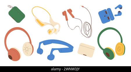 Headphones set isolated on white background. Wired, wireless and bone conduction audio equipment for music listening. Earbuds devices accessory in cas Stock Vector