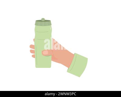 Water bottle in hand. Sport shaker for gym. Vector flat illustration isolated on white background. Stock Vector