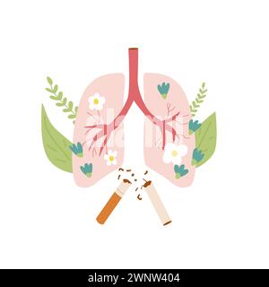 Stop smoking card. National non smoking week. World no tobacco day. Cigarette and lung with flowers . Vector flat illustration Stock Vector