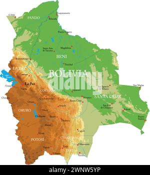 Highly detailed physical map of the Bolivia,in vector format,with all the relief forms,regions and big cities. Stock Vector