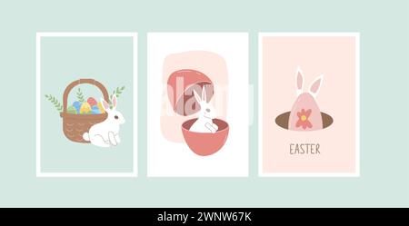 Happy Easter posters set templates. Rabbit bunny, eggs, flowers vertical banners. Eggs hunt spring holiday greeting cards collection. Vector flat illu Stock Vector