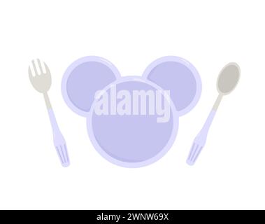 Kids tableware with animal. Childish cute bento box with cutlery. Empty silicone dish with spoon and fork. Vector flat illustration. Stock Vector