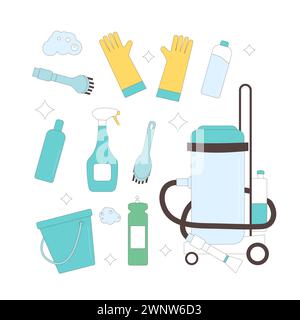Housekeeping tools set isolated on white background. Cleaning home items and equipment collection. Vacuum, gloves and brushes with bucket bottles for Stock Vector