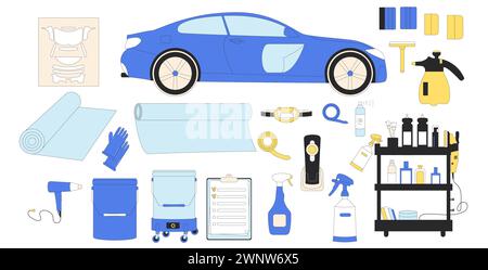Vehicle wrapping set. Car detailing. Repair auto. Collection of isolated automobile service tools. Vector illustration. Stock Vector