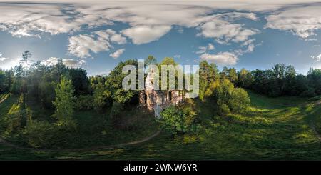 360 degree panoramic view of aerial full seamless spherical hdri 360 panorama inside ruined abandoned church with arches without roof in equirectangular projection with zenith and