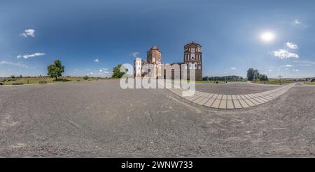 360 degree panoramic view of full seamless spherical hdri 360 panorama near huge neo-gothic castle, defensive fortification and residence in equirectangular projection with zenith