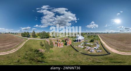 360 degree panoramic view of aerial full seamless spherical hdri 360 panorama over ruined abandoned church with arches without roof in equirectangular projection with zenith and n