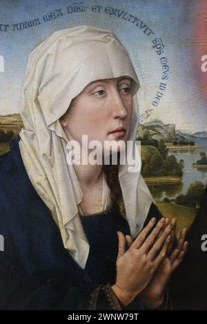Detail, Mary, center panel The Braque Triptych (or the Braque Family Triptych) is a c. 1452 oil-on-oak altarpiece by the Early Netherlandish painter Rogier van der Weyden. Stock Photo