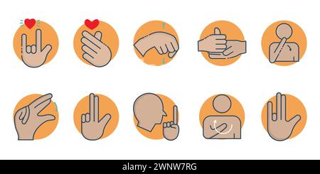 sign language. sign language icon set. i love you, help, yes, no, thank you , etc. flat line icon style. business element vector illustration Stock Vector