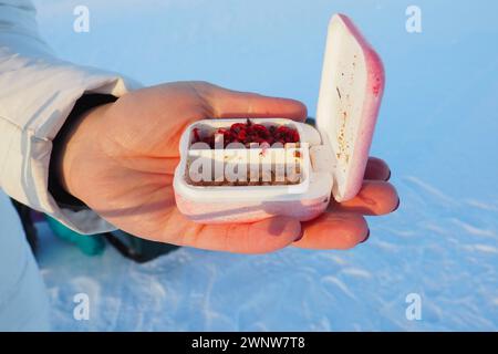 Live bloodworm in a box container. Red worms for winter fishing. A woman  holds a box of bloodworms in her hands and prepares to put a worm on a  fishin Stock Photo 