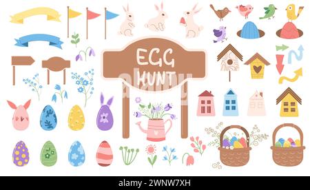 Easter eggs hunt event elements. Spring holiday party. Celebration with entertainment. Vector flat illustration. Stock Vector