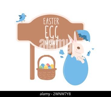 Easter eggs hunt event elements isolated. Bunny with basket of eggs near tab pointer. Spring holiday party symbol with text. Celebration with entertai Stock Vector