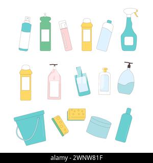 Cleaning supplies set with bucket and sponges isolated on white background. Washing house products in bottles. Vector flat with outline illustration. Stock Vector