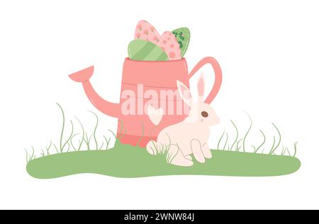 Easter bunny with watering can of eggs. Rabbit sitting on grass. Spring holiday symbol. Vector flat illustration. Stock Vector