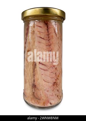 Mackerel fillets in olive oil in glass jar isolated on white with clipping path included Stock Photo