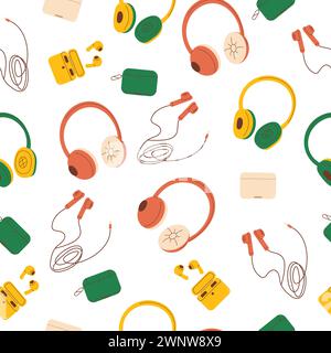 Headphones seamless pattern. Earphones endless background. Headset listening music cover. Vector flat illustration. Stock Vector