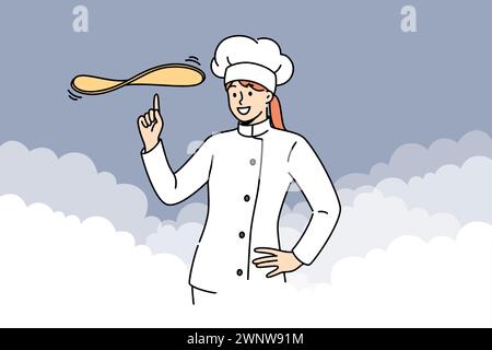 Woman chef cook prepares dough for pizza or delicious pie, stands among clouds of flour. Girl restaurant chef demonstrates skills in preparing complex dishes and baking with unique recipe. Stock Vector