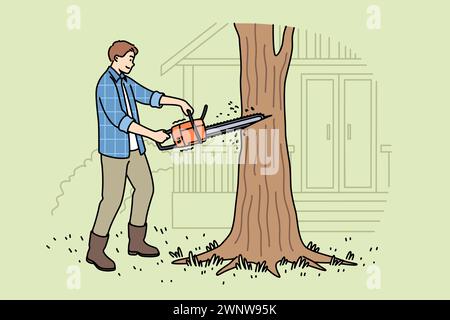 Man lumberjack uses chainsaw to get rid of old, diseased tree growing near house. Young guy works as lumberjack and helps residents of country cottages clear area of unnecessary trees. Stock Vector