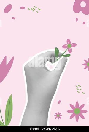 Birthday vertical collage background. Poster template with hand and flower. Summer social media card with decoration. Vector illustration. Stock Vector