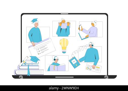 Elders education online. Older adults students and graduates community. Retirement women and men learning on internet course. Vector flat illustration Stock Vector
